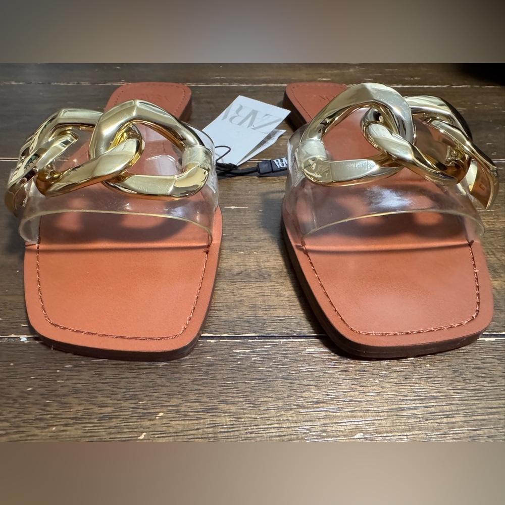 Zara Gold Chain Link Flat Sandals size 9 - Picture 4 of 10